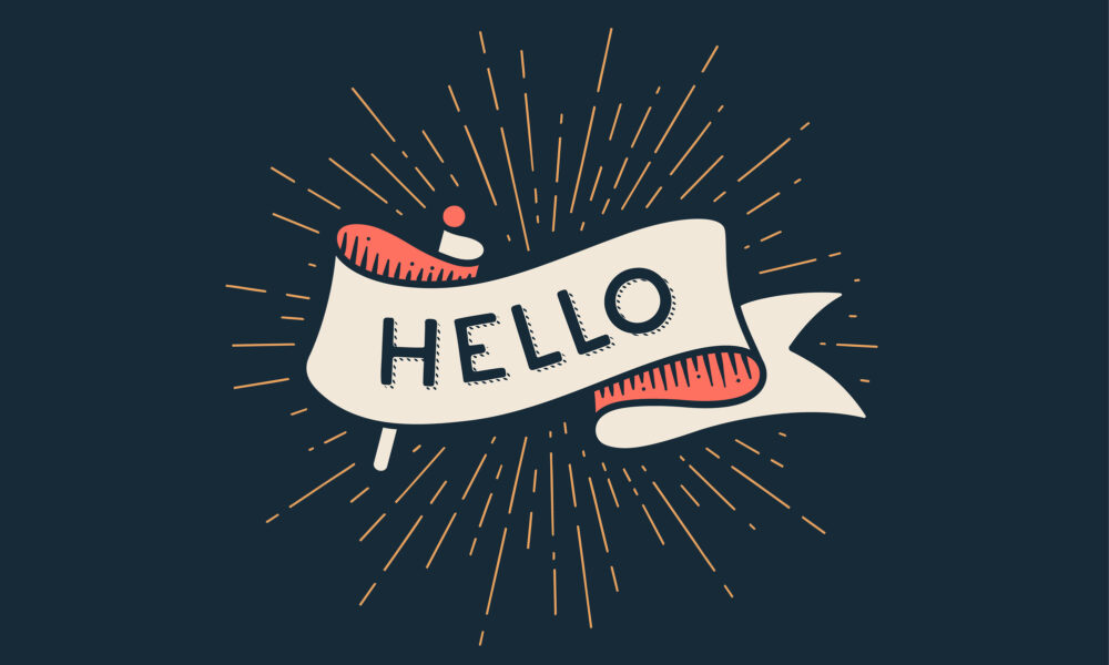 Illustration of a cream-colored banner with the word "HELLO" written on it in bold black letters. The banner is set against a dark blue background with radiating yellow lines, resembling sun rays or fireworks. This design has a cheerful and welcoming vibe, perfect for greeting your blog readers.