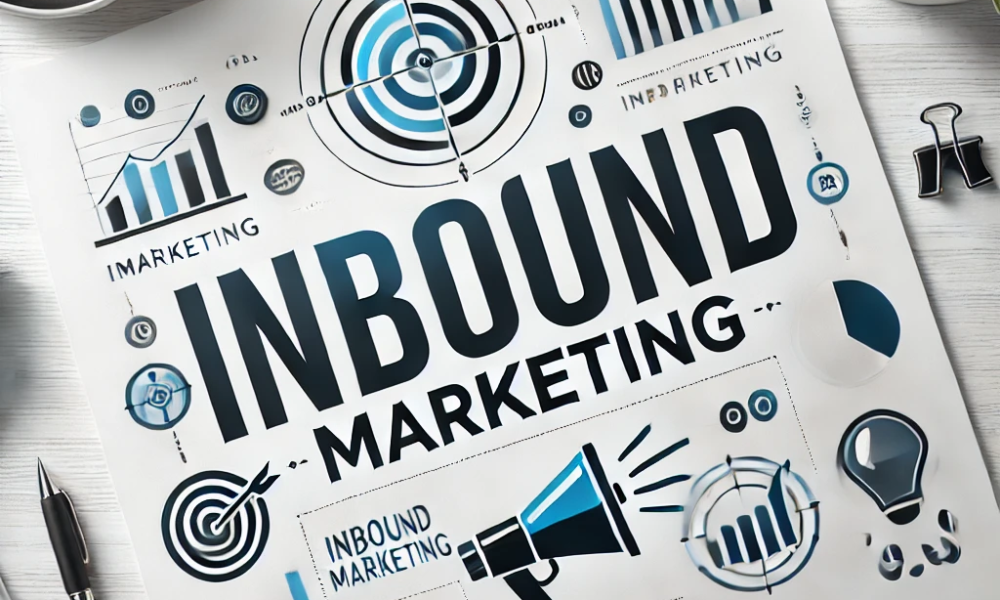 An illustrated infographic titled "Inbound Marketing" features various marketing-related icons such as graphs, charts, a megaphone, a target, and a magnifying glass. A pen, binder clip, and part of a plant are visible on the nearby white wooden surface.