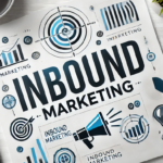 An illustrated infographic titled "Inbound Marketing" features various marketing-related icons such as graphs, charts, a megaphone, a target, and a magnifying glass. A pen, binder clip, and part of a plant are visible on the nearby white wooden surface.