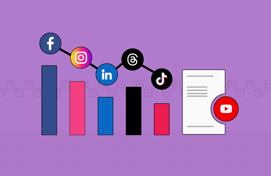 A bar chart on a purple background displays icons of social media platforms (Facebook, Instagram, LinkedIn, Threads, TikTok, YouTube). Reflecting Social Media Analytics by Marshall Sponder, Facebook leads with a high bar followed by Instagram and others; YouTube is depicted as a document icon.