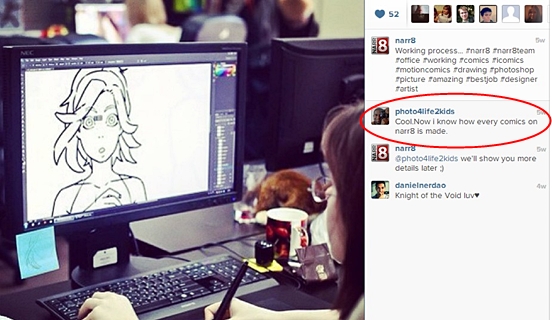 A person is working at a desk, drawing a character on a computer monitor with a stylus. The screen shows a partially completed cartoon or anime-style character. An Instagram post describing their activity is in the foreground on their mobile device, with a comment highlighted in red.