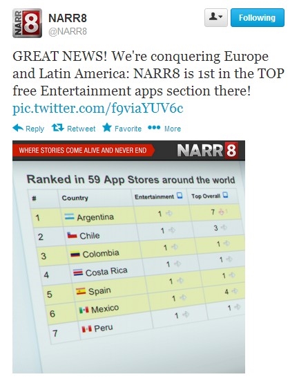 A tweet from NARR8 celebrates their mobile app reaching the number one spot in the free Entertainment apps section across Europe and Latin America, featuring a table with rankings of app stores in various countries, including Argentina, Chile, Colombia, Costa Rica, Spain, and Peru.