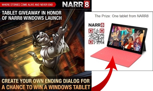 Promotional image for a tablet giveaway in honor of the NARR8 Windows and mobile launch. The left side shows an animated character swinging on a rope. The right side showcases the prize, a Windows tablet with a red keyboard and various characters displayed on the screen.