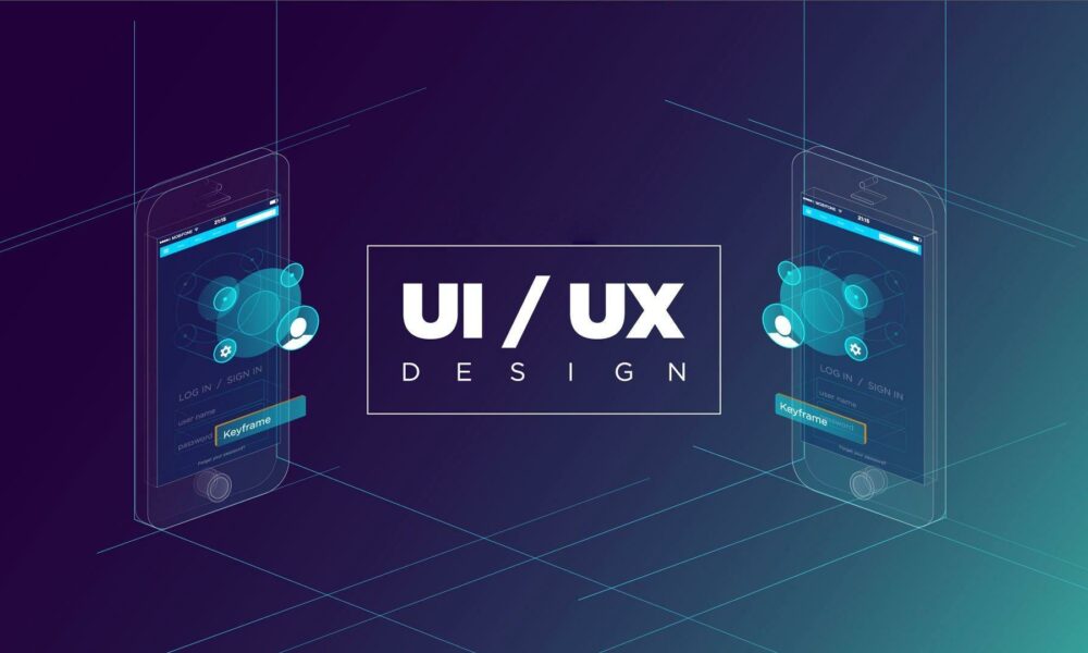 A digital illustration featuring the words "UI/UX Design" in bold white text at the center. The background is a gradient of blue and purple, with two smartphones displaying login screens, seamlessly emphasizing UI concepts and user experience design principles.