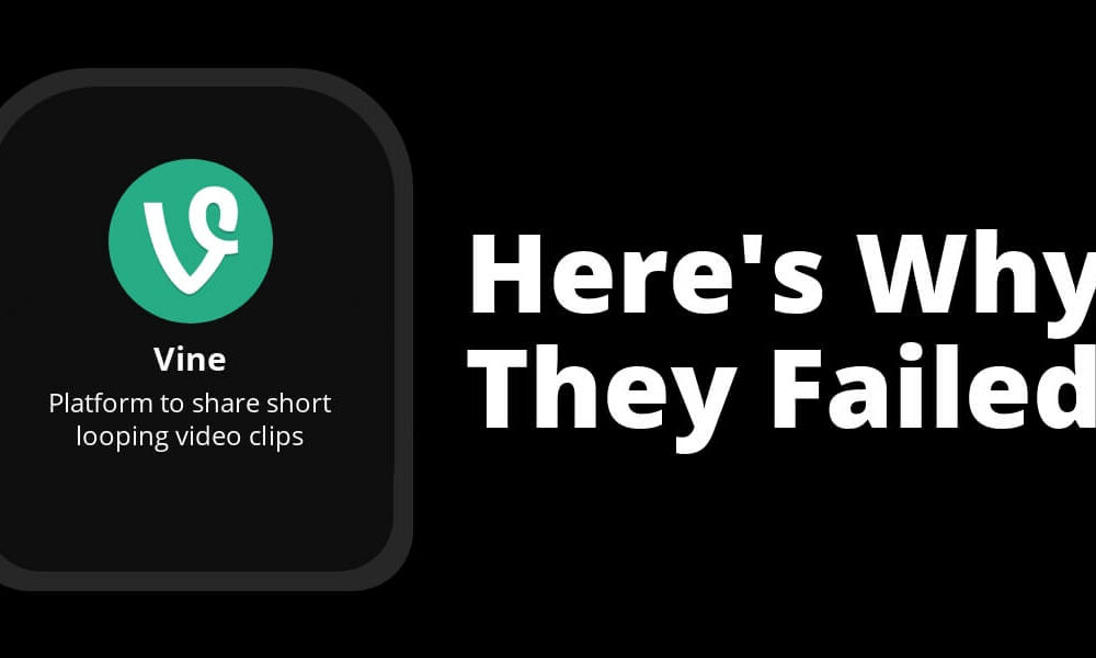 A graphic with a black background featuring a green Vine logo. Text reads "Vine: Platform to share short looping video clips." To the right, larger white text states, "Here's Why Vine Failed.