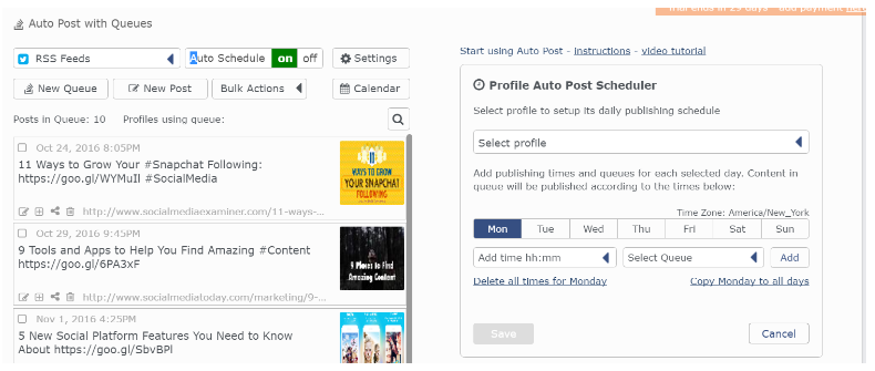 A screenshot of a social media management tool interface. On the left, there are options for posting queues from RSS feeds. On the right, there's a "Profile Auto Post Scheduler" for selecting profiles, setting days and times for posts, and visible buttons for saving settings.