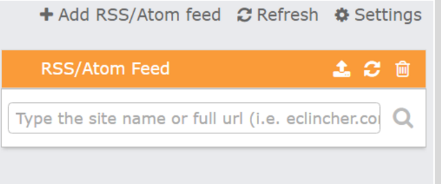 A screenshot showing the interface for adding an RSS/Atom feed. The interface, ideal for social media management, includes buttons for adding a feed, refreshing, and accessing settings. There is a search bar with the placeholder text "Type the site name or full URL (i.e. eclincher.co).