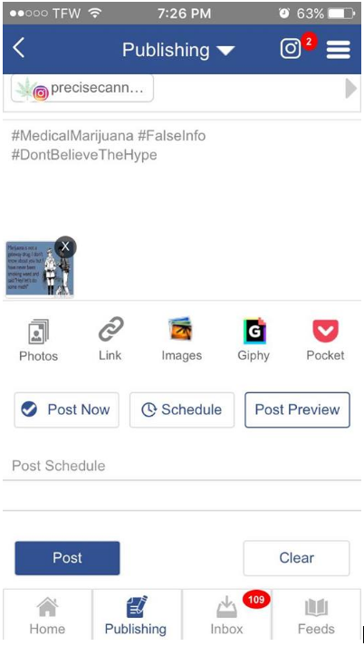 Screenshot of a social media publishing interface, perfect for Social Media Management, displaying a post with the hashtags #MedicalMarijuana, #FalseInfo, and #DontBelieveTheHype. Options for adding photos, links, images, Giphy, and Pocket are visible. Unread messages and notifications are indicated by red numbers.