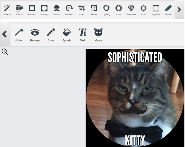 A photo editing interface is displayed with various tools at the top. The image being edited shows a cat with a drawn-on monocle, mustache, and wearing a bow tie. Text at the top of the image reads "SOPHISTICATED," and at the bottom, it reads "KITTY." Perfect for social media management posts!