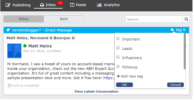 Screenshot of a social media platform's Direct Message inbox. The message is from "Matt Heinz, Normand G Bourque Jr," dated Nov 19, 2016, mentioning ABM Expert Guides and includes a link. A tagging dropdown menu is open, displaying options like Important, Leads, Influencers, and Followup—a vital tool for Social Media Management.