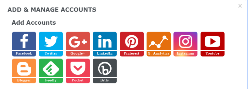 A screen titled "Add & Manage Accounts" showcases icons for adding various social media accounts including Facebook, Twitter, Google+, LinkedIn, Pinterest, Google Analytics, Instagram, YouTube, Feedly, Pocket, and Bitly—offering a robust Social Media Management solution.