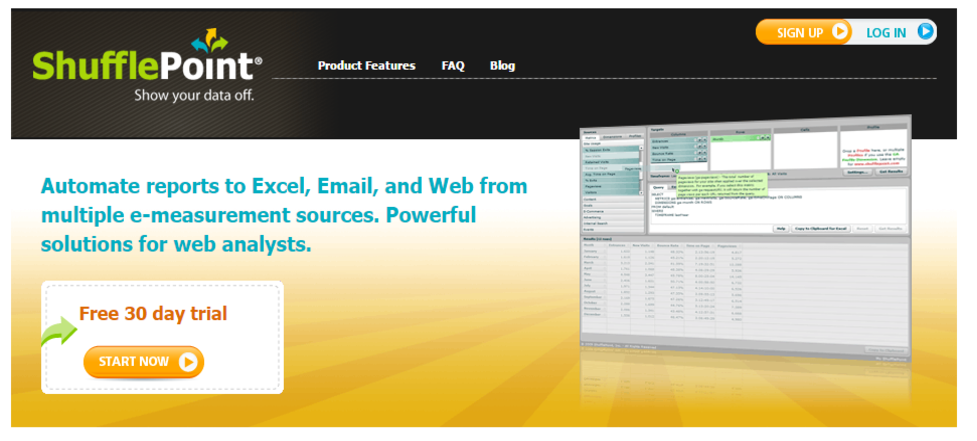 A screenshot of the ShufflePoint website. The header displays the logo and navigation links. The main content highlights the ability to automate reports from various e-measurement sources, enhancing your SEO strategy. A prominent "Free 30 day trial" button is on the left.