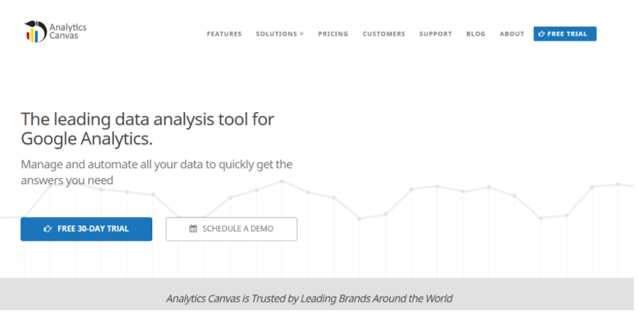 Screenshot of the Analytics Canvas homepage featuring a navigation bar at the top with menu options. The main text reads "The leading data analysis tool for Google Analytics and SEO" with two buttons below: "FREE 30-DAY TRIAL" and "SCHEDULE A DEMO.