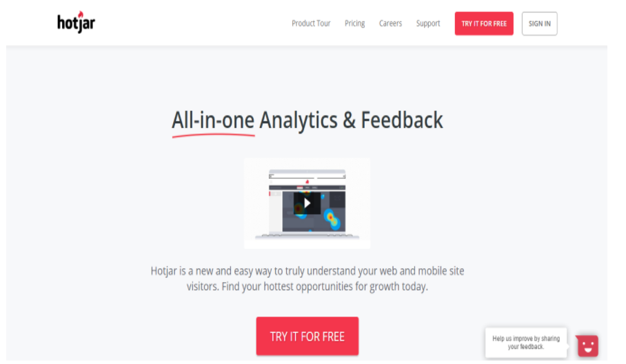 Screenshot of Hotjar's website with a headline "All-in-one Analytics & Feedback." Below it is an illustration of a web page with a play button overlay. Text beneath reads, "Hotjar is a new and easy way to truly understand your web and mobile site visitors, boosting SEO insights." A red button labeled "TRY IT FOR FREE" is also visible.