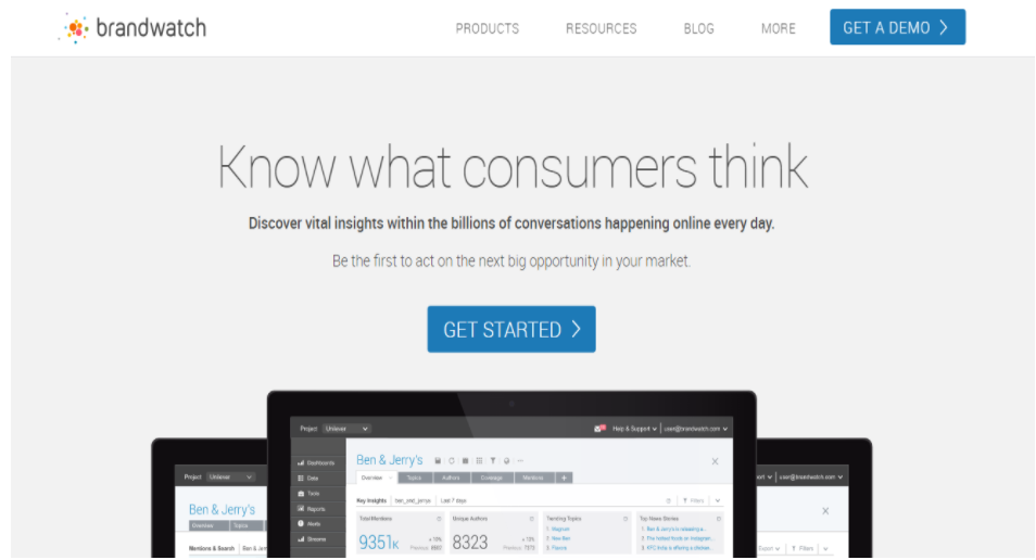 Screenshot of the Brandwatch homepage. It reads: "Know what consumers think. Discover vital insights within the billions of conversations happening online every day to boost your SEO strategy. Be the first to act on the next big opportunity in your market." Buttons for "Get Started" and "Get a Demo" are visible.