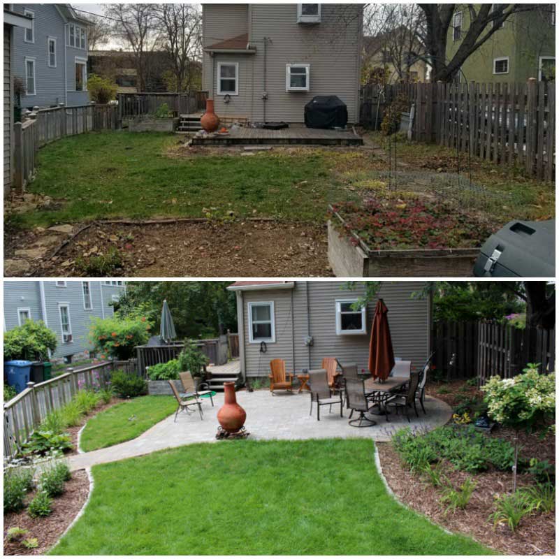 A side-by-side comparison of a backyard before and after renovation. The upper image shows an unkempt yard with sparse grass, a small patio, and overgrown plants. The lower image shows a transformed, lush garden with green lawn, paved patio, outdoor furniture, and well-maintained plants—perfect for social media bragging rights.