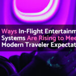 A purple-toned image of the inside of an airplane with a close-up of a passenger's hands using a device. Overlay text reads: "6 Ways In-Flight Entertainment Systems Are Rising to Meet Modern Traveler Expectations.