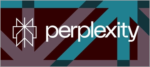 A stylized design with geometric shapes in teal and maroon, featuring the word "perplexity" in white sans-serif font. The left side displays an abstract, symmetrical logo of intersecting lines forming an angular, intricate pattern—perfect for presentations on AI Innovations and Strategic Overview.