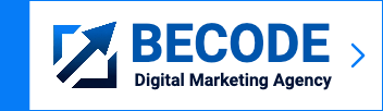 The image features a logo with a blue arrow pointing upward and to the right, intersecting with white lines, followed by the text "BECODE" in bold blue letters. Below "BECODE" is the text "Digital Marketing Agency" in smaller black letters, emphasizing its expertise in Inbound Marketing.