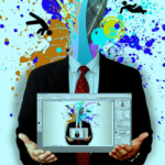 An individual in a suit, with a splatter of colorful paint emanating from their head, holds a computer screen displaying a similar image of a paint-splattered head—an artistic representation of small business digital marketing innovations for 2024. The background is white, with additional colorful paint splatters.