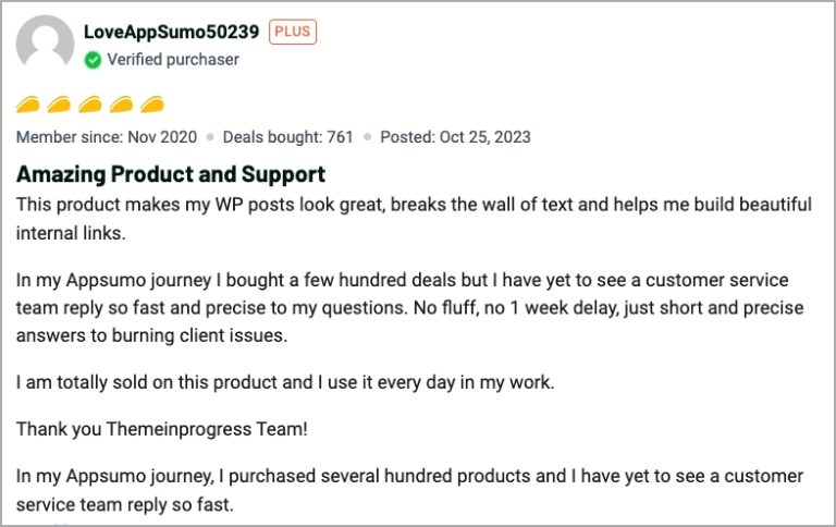 A screenshot of a product review on AppSumo by a user named LoveAppSumo50239. The review is positive, highlighting excellent customer service and product quality. The user praises quick support responses and shares that their engagement with the product has been strong since purchase several hundred days ago.