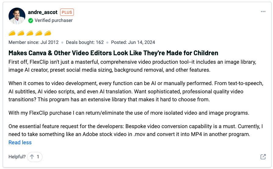 A customer review by a verified purchaser highlights FlexClip as a superior video production tool with features like an image library, AI creator, social media sizing, background removal, and text-to-speech. The user praises its extensive library and notes that its features align perfectly with their search intent but requests more video transitions.