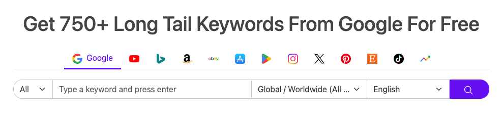 A screenshot of a website offering over 750 long-tail keywords from Google for free. The search bar below the heading features filters for search type, location, language, and search intent. Icons for multiple platforms, including Google, YouTube, and Amazon, are displayed above the search bar.