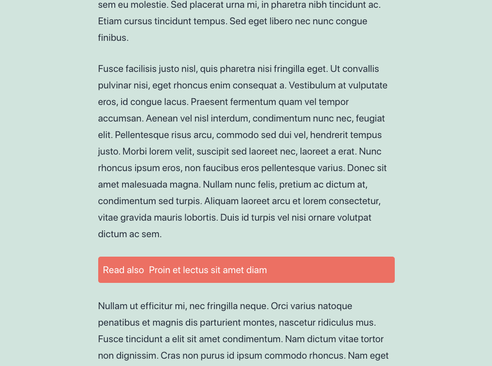 Screenshot of a webpage displaying a long block of lorem ipsum text, divided into multiple paragraphs. A red button labeled "Read also Proin et lectus sit amet diam" is positioned near the bottom of the second paragraph. The background is light blue.