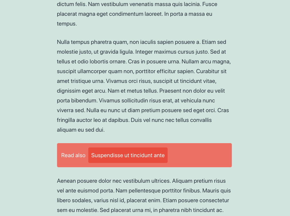 A webpage with a light green background featuring a block of text with placeholder sentences in Latin. Below the text block are two red buttons, the left one labeled "Read also" and the right one labeled "Suspendisse ut tincidunt ante.