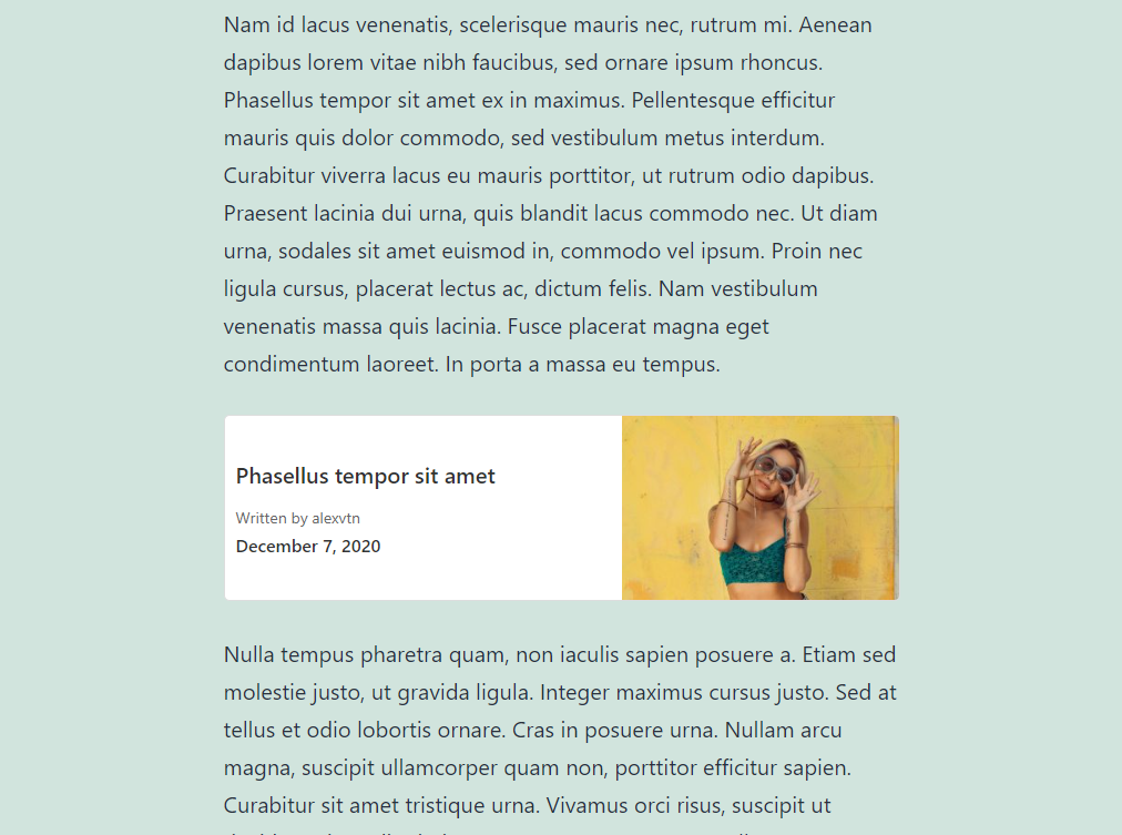 A screenshot of a website displaying a blog post. The post contains placeholder text in Latin. There is an image of a person posing in front of a yellow background within the post, and the post is titled "Phasellus tempor sit amet" with the author listed as alexvth and dated December 7, 2020.