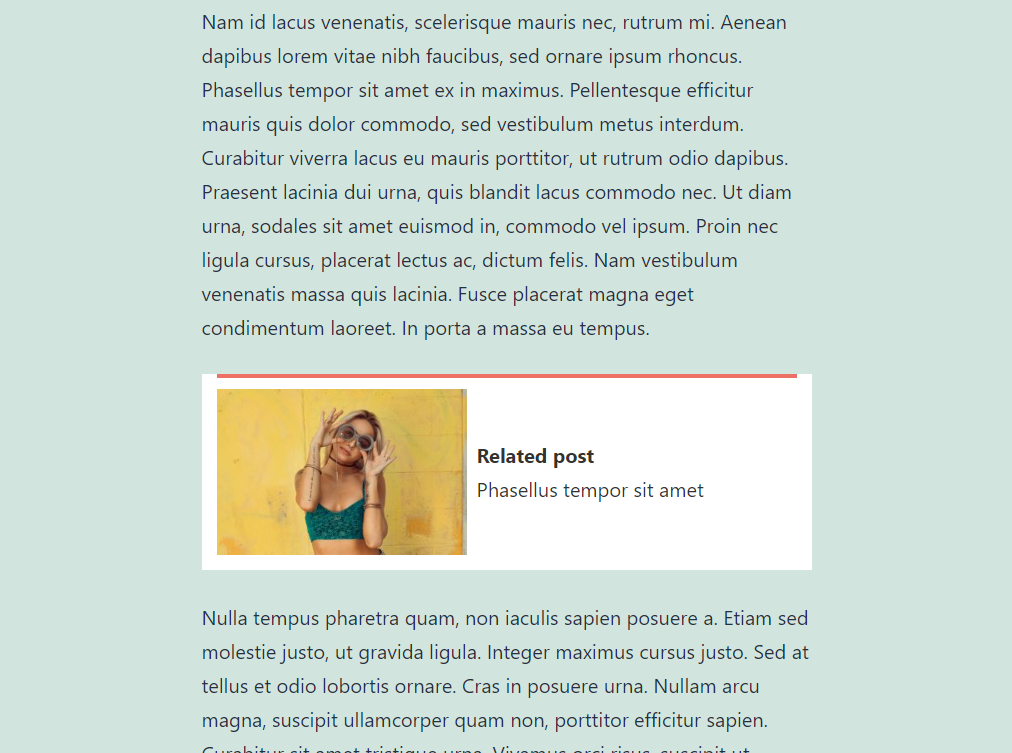 A screenshot of a webpage showing a column of text with a related post section in the middle. The related post includes an image of a person in sunglasses and a green top, posing in front of a yellow background, with the text "Related post: Phasellus tempor sit amet.