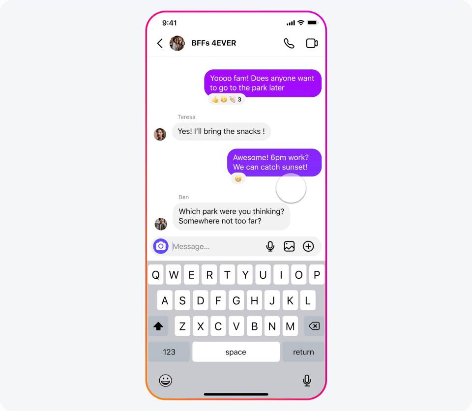 Meta AI Instagram Group Chat smartphone screen displaying a group text conversation titled "BFFs 4EVER" in a messaging app. Messages include plans for going to the park, bringing snacks, deciding on a time, and choosing a nearby park. The keyboard is visible at the bottom of the screen, courtesy of tech giants' latest Artificial Intelligence advancements.