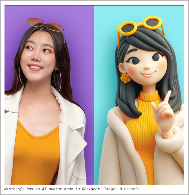 A split image shows a young woman smiling against a purple background on the left and a 3D animated AI avatar of the same woman against a blue background on the right. Both the woman and the avatar wear similar glasses, a yellow top, and a white jacket. Caption: "Microsoft has an AI avatar mode in Designer. Image: Microsoft.