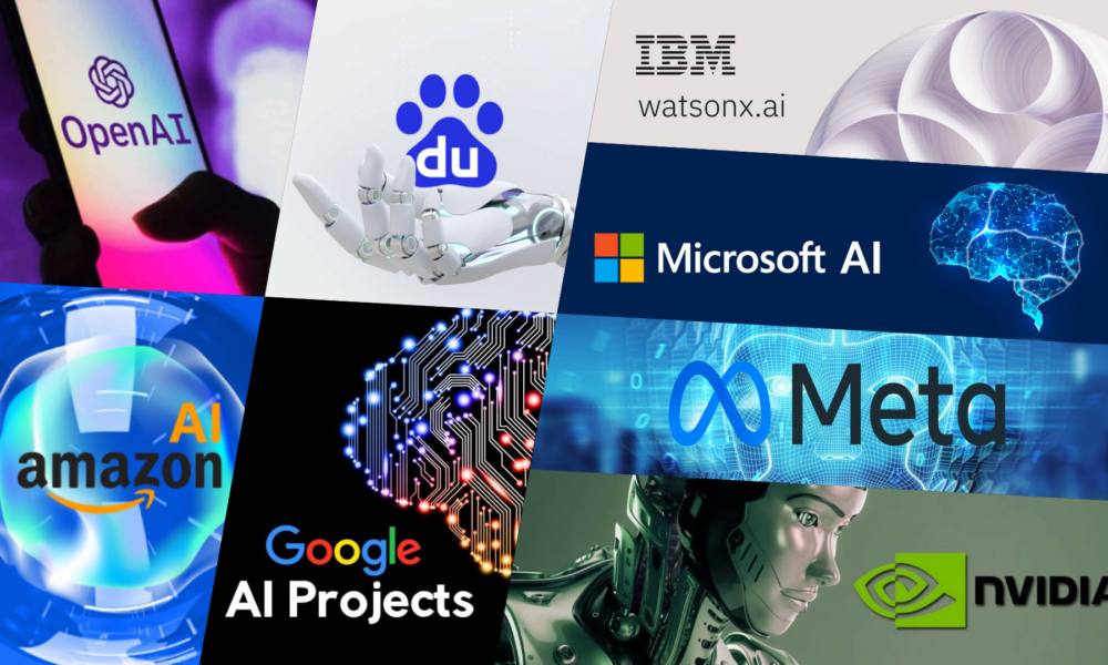 A collage of AI company logos: OpenAI, Baidu AI, IBM watsonx.ai, Microsoft AI, Amazon AI, Google AI Projects, Meta, and NVIDIA. Backgrounds include abstract tech designs, circuit patterns, robotic hands, and holographic visuals from the realm of Artificial Intelligence Tech Giants.