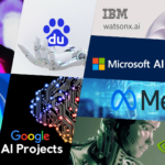 A collage of AI company logos: OpenAI, Baidu AI, IBM watsonx.ai, Microsoft AI, Amazon AI, Google AI Projects, Meta, and NVIDIA. Backgrounds include abstract tech designs, circuit patterns, robotic hands, and holographic visuals from the realm of Artificial Intelligence Tech Giants.