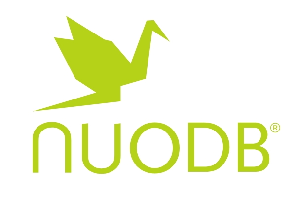 The image showcases the NuoDB logo, featuring a simplified, green origami bird above the bold green text "NUODB." The bird graphic is stylized with angular lines, giving it a modern and abstract appearance that reflects the expertise embedded in NuoDB's design.