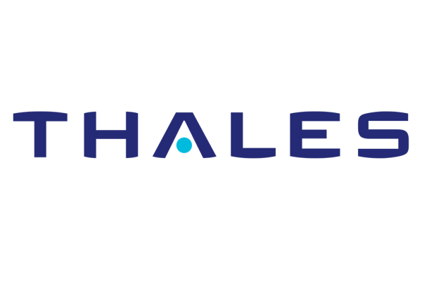 The image features the logo of Thales, a multinational company known for its expertise. The logo consists of the word "THALES" in uppercase blue letters with a modern, sans-serif font. The "A" in the logo is stylized with a blue dot beneath it, resembling a triangle. The background is white.
