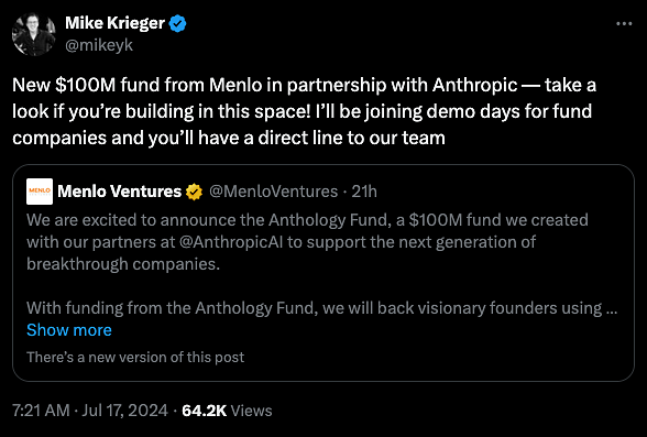  Tweet by Mike Krieger announcing a new $100M AI fund from Menlo in partnership with Anthropic, inviting builders to join demo days for funding opportunities. Includes a retweeted post from Menlo Ventures about backing visionary founders through the Anthology Fund.