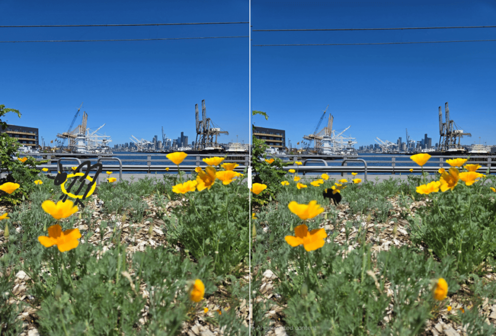 This image depicts a split view of a waterfront area with yellow flowers in the foreground and a city skyline in the background. The left side shows a bumblebee approaching a flower, while the right side, almost as if curated by AI, shows a different angle of the same scene without the bee.