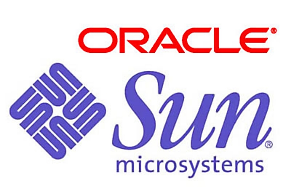 Logos of two tech companies: the red "Oracle" logo is at the top, and below it, the blue "Sun Microsystems" logo featuring a graphic with the word "sun" arranged in a square pattern, next to the text "Sun Microsystems," showcasing expert design in branding.