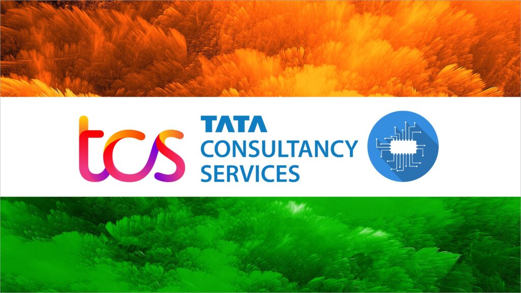 The image displays the TCS logo with the text "Tata Consultancy Services" and an icon of a microchip on a blue circular background, symbolizing AI technology. The top and bottom sections of the image have abstract orange and green feather-like patterns respectively.