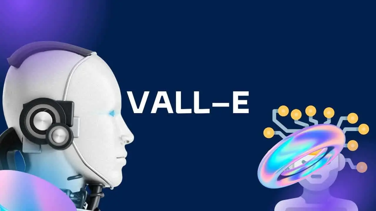 A digital illustration featuring a human-like robot head on the left, a stylized, abstract representation of AI or a neural network on the right, and the text "VALL-E" displayed prominently in the center against a dark blue background.