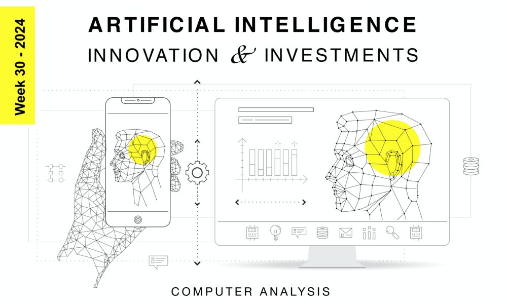 A graphic promoting "Week 30 - 2024" with the theme "Artificial Intelligence: Innovation & Investments." It features wireframe illustrations of a hand holding a smartphone and a side profile on a computer screen, both highlighting brain areas in yellow. Text at the bottom reads "AI Computer Analysis.