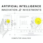 A graphic promoting "Week 30 - 2024" with the theme "Artificial Intelligence: Innovation & Investments." It features wireframe illustrations of a hand holding a smartphone and a side profile on a computer screen, both highlighting brain areas in yellow. Text at the bottom reads "AI Computer Analysis.