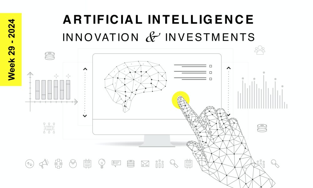 A futuristic illustration for an event titled "Artificial Intelligence: Innovation & Investments" features a polygonal hand touching a computer screen displaying a digital AI brain. Other elements include charts, graphs, and futuristic icons. The event is set for Week 29 of 2024.