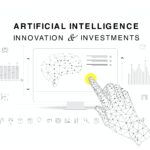 A futuristic illustration for an event titled "Artificial Intelligence: Innovation & Investments" features a polygonal hand touching a computer screen displaying a digital AI brain. Other elements include charts, graphs, and futuristic icons. The event is set for Week 29 of 2024.