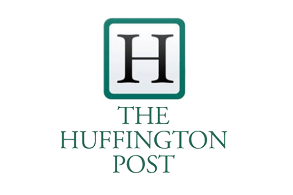 The image displays the logo of The Huffington Post, featuring a large, stylized letter "H" inside a green square with rounded corners. Below the square, the words "THE HUFFINGTON POST" are written in uppercase letters. The expert logo design utilizes a serif font for both the text and "H.