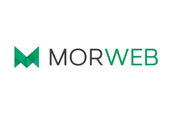 The image expertly showcases the Morweb logo, featuring a stylized green "M" composed of overlapping geometric shapes followed by the text "MORWEB" in uppercase letters. The text "MOR" is in black and "WEB" is in green, set against a white background.