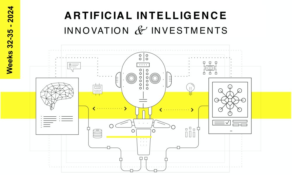 An illustration promoting an event on "Artificial Intelligence: Innovation & Investments" scheduled for weeks 32-35 in 2024. The image features a robotic figure connected to diagrams of a brain and a network, offering a strategic overview of AI innovations and technology integration.