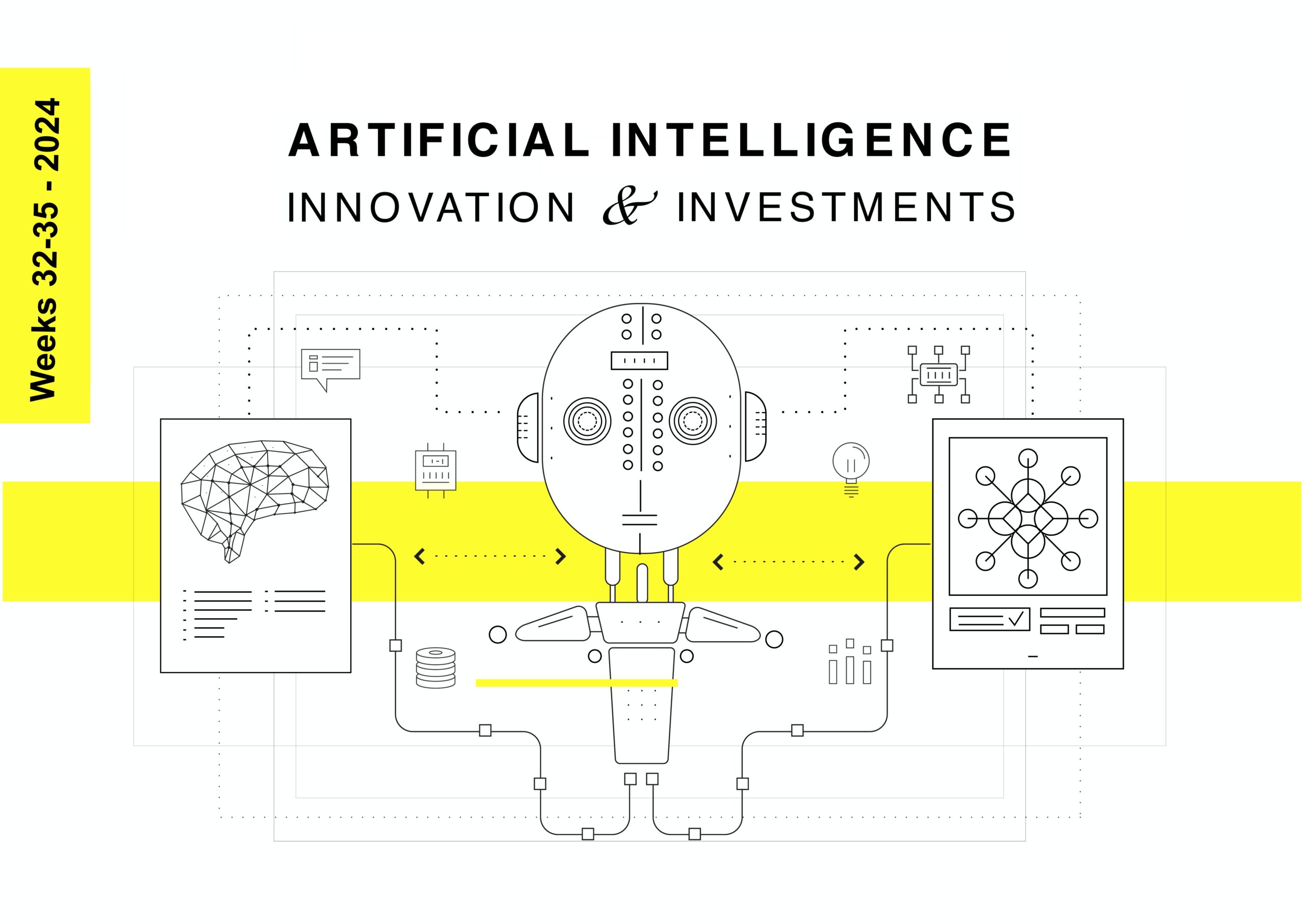 An illustration promoting an event on "Artificial Intelligence: Innovation & Investments" scheduled for weeks 32-35 in 2024. The image features a robotic figure connected to diagrams of a brain and a network, offering a strategic overview of AI innovations and technology integration.